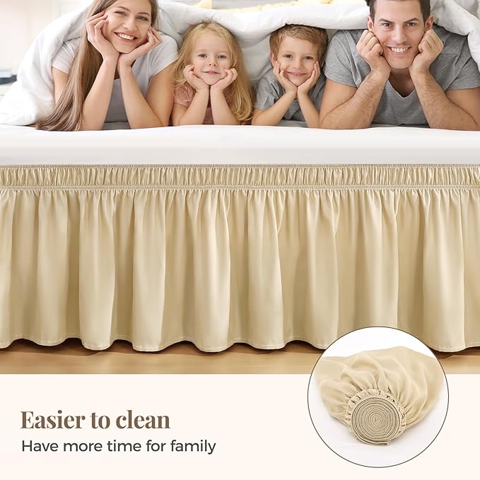 RIMELA Beige White Bed Skirt King Size 15 Inch Drop, Elastic Bed Skirting for Bed Base and Frame, Bedding Dust Ruffle Easy to Install, Lightweight Wrap Around Adjustable Bedskirt
