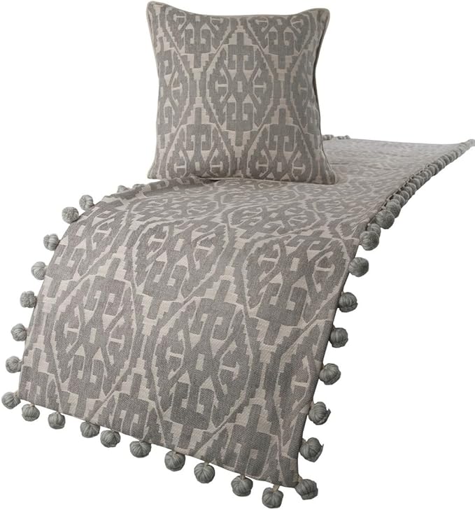 The HomeCentric Grey Bed Runner, Queen Size 74"x18" Decorative Bed Runner with 2 Matching Pillow Cover, Grey Cotton Bed Scarf in Aztec Pattern with Tassels - Grey Aztec
