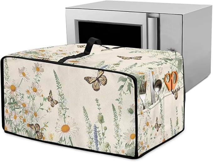Butterfly Daisy Floral Print Microwave Oven Dust Cover Dust-Proof Heavy Duty Microwave Oven Cover with Storage Pockets Waterproof Decor Accessories for Kitchen, L