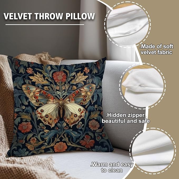 William Morris Abstract Vintage Floral Velvet Butterfly Design Throw Pillow Covers Home Decor, Retro Art Deco Pillowcase Cushion Cover for Bed Sofa Living Room, Square 18x18inch (Blue-Butterfly)