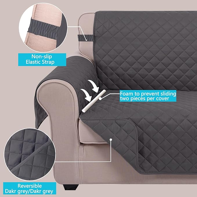 U-NICE HOME 4 Seater Sofa Cover 91 Inch Large Couch Covers for 4 Cushion Couch with Elastic Straps Water Resistant Furniture Protector Cover for Pets Cat (Sofa XX-Large, Dark Grey/Dark Grey)