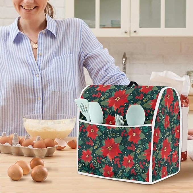 Christmas Stand Mixer Cover Dust Protective Poinsettia Stand Mixer Covers For Kitchen Aid 6-8 Quart Mixers Dustproof Cloth Cover for Small Appliance Protector Christmas Decoration