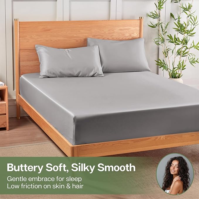 MR&HM Queen Fitted Sheet Only, Ultra-Soft Rayon Derived from Bamboo & Polyester Blend, Silky & Breathable, 15" Deep Pocket with Elastic Straps, Cooling Fitted Sheet for Hot Sleepers, Silver Grey