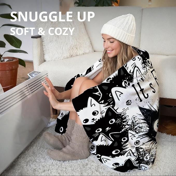 Funny Black Cat Blanket, It's Fine Everything is Fine Funny Throw Blankets for Home Bedroom Living Room Couch Bed Decor, Black Cat Mom Lovers Gifts for Women, 50x60 Inch