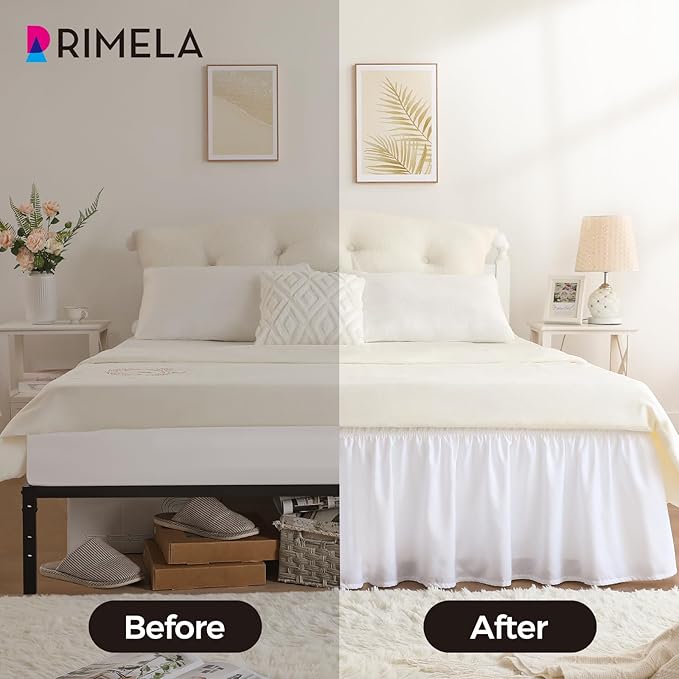 RIMELA Bed Skirting Queen Size White Bed Skirt 25 Inch Drop, Wrap Around Elastic Adjustable Bedskirt, Dust Ruffle for Bed Frame & Box Spring Soft Durable Fabric Machine Washable Easy to Install