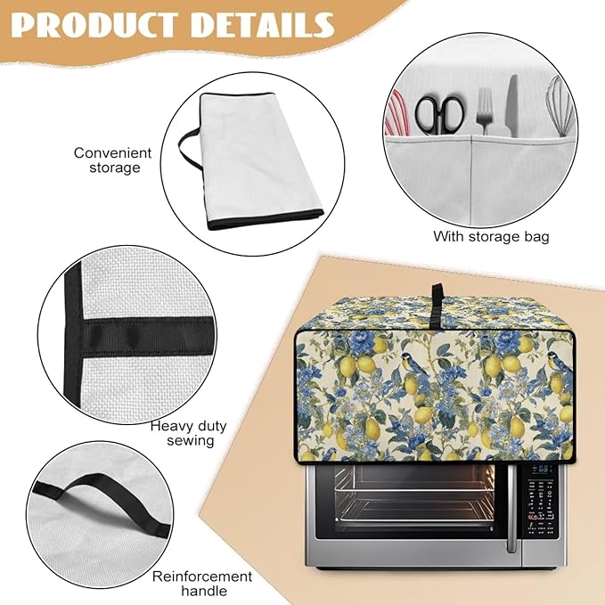 Lemon Floral Robin Bird Print Microwave Oven Dust Cover Heavy Duty Microwave Oven Grill Cover Dustproof Kitchen Machine Covers Case Protections for Toaster Oven, S