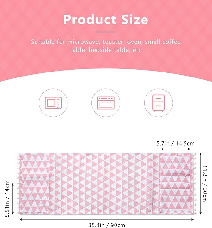 Microwave Oven Cover Dustproof Cotton Machine Protector Decorative Kitchen Appliance Cover with Side Storage Pockets (11.8 x 35.4 Inch, Pink Triangle)