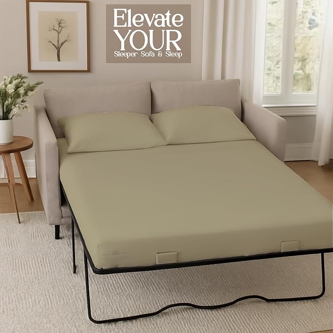 Sleeper Sofa 4 Piece Bed Sheet Set Premium Quality 100% Cotton 500 Thread Count, Smooth & Super Soft Sateen Weave, Extra Soft Bed Sheets, Wrinkle Free, 8 Inch Deep Pocket (Queen, Beige)