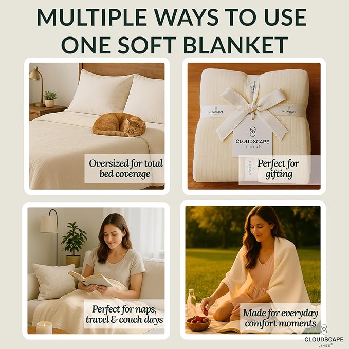 Cloud Scape Linen Oversized 4 Layer Muslin Blanket Queen Size - 100% Cotton, Lightweight & Breathable All Season Gauze, Pre-Washed, fits Full Bed, 92x92, Ivory