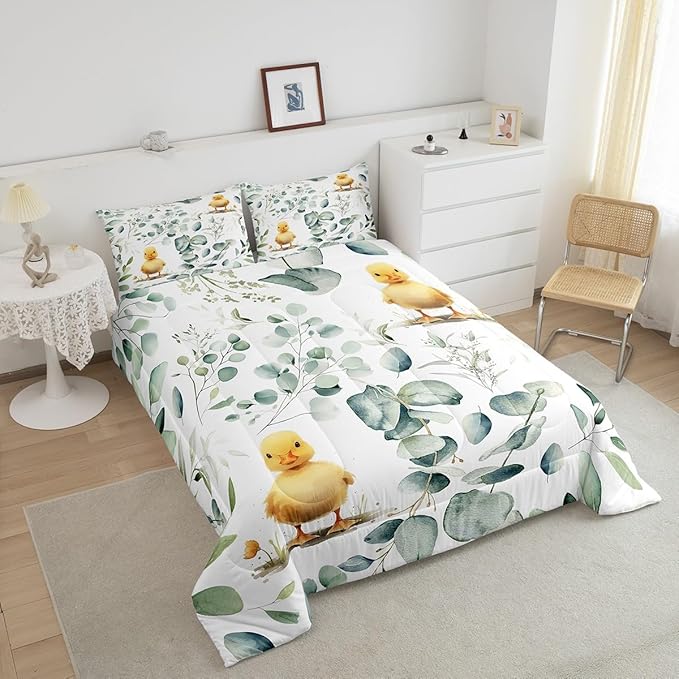 Erosebridal Kids Cute Animal Toddler Bedding Sets for Girls Boys Cartoon Duck Comforter Set, Spring Eucalyptus Bedding Comforter Sets Watercolor Leaves Duvet Insert, Kawaii Farm Animal Down Comforter