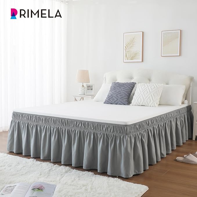 RIMELA Light Grey Bed Skirt Queen Size 16 Inch Drop, Elastic Bed Skirting for Bed Base and Frame, Bedding Dust Ruffle Easy to Install, Lightweight Comforter Set with Wrap Around Adjustable Bedskirt