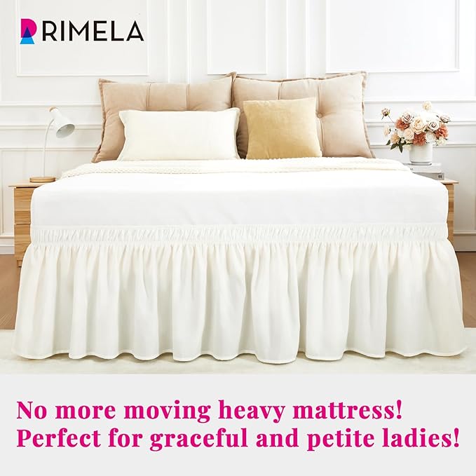 RIMELA Warm White Bed Skirt Queen 25 Inch Drop, Elastic Bed Skirts Queen Size Dust Ruffle, Bedskirt for Adjustable Bed Base, Wrinkle & Fade Resistant Silky Luxurious Fabric Easy to Install
