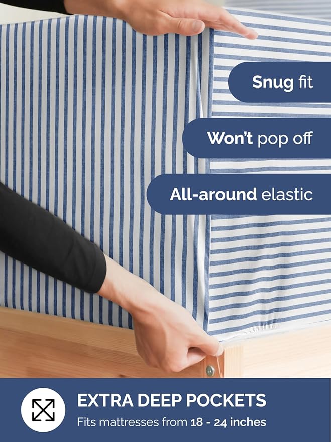 Extra Deep King Fitted Sheet - Hotel Luxury Single Fitted Sheet Only - Easily Fits 18 inch to 24 inch Mattress - Ultra Soft, Wrinkle Free with Extra Deep Pockets - Breathable & Comfy - Blue Stripes
