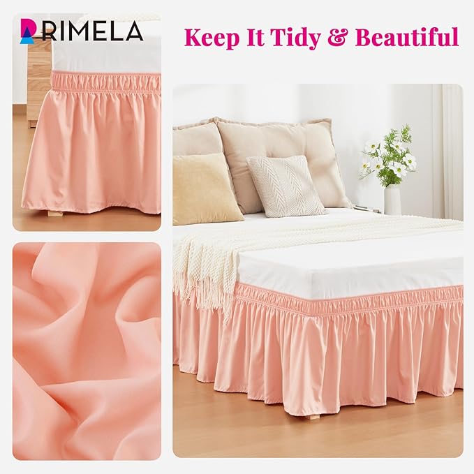 RIMELA Peachy Coral Bed Skirt King Size 18 Inch Drop, Elastic Bed Skirting for Bed Base and Frame, Bedding Dust Ruffle Easy to Install, Wrap Around Adjustable Bedskirt