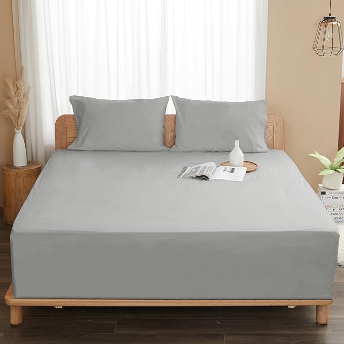 Sunflower King Fitted Sheet, 1-Piece Extra Deep Pocket Fitted Bottom Sheet 19", 100% Cotton Sateen Soft Breathable, Silver Gray