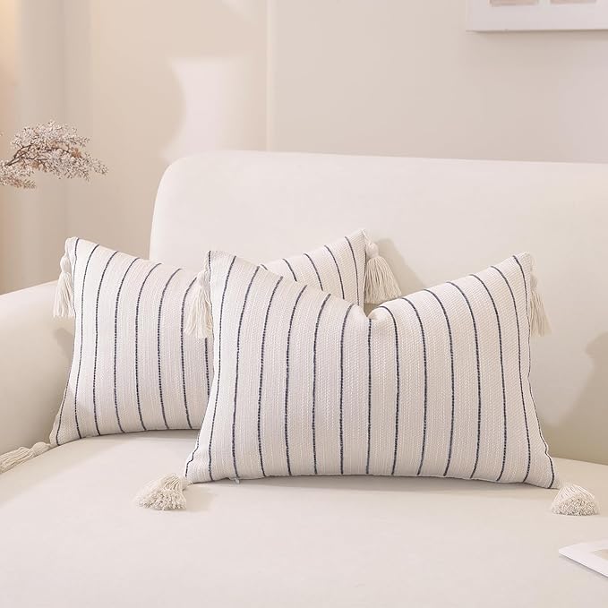 Decorative Boho Throw Pillow Covers 20x12 Inch Set of 2, Textured Linen Striped Lumbar Throw Pillows with Tassels, Farmhouse Decor Cushion Covers for Couch Bed Living Room, Dusty Blue