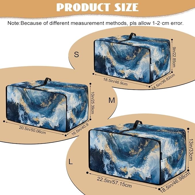Blue Golden Marble Texture Print Microwave Oven Cover Dust-Proof Polyester-Linen Fabric Toaster Oven Cover Easy to Clean Microwave Grill Cover Protector with Top Handle, M