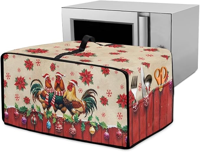 Christmas Toaster Oven Dust Cover with Storage Pockets, Protective Decorative Smart Oven Cover for for Kitchen Countertop, M, 16.5 x 20.5 x 10 Inches, Rooster Chicken Poinsettia Red Beige