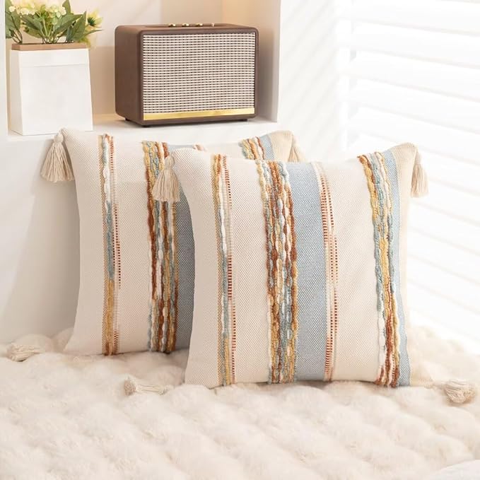 Boho Throw Pillow Covers 18x18 Set of 2 Woven Tufted Farmhouse Pillows Cover with Tassels Textured Striped Cushion Case Neutral Pillow Cases Decorative Pillowcase for Sofa Couch,Light Blue