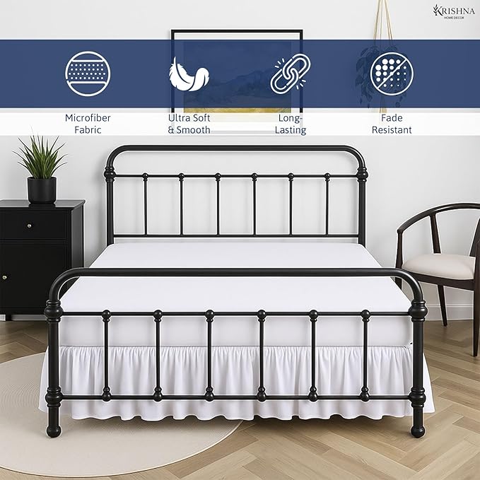 KRISHNA Ruffled Bed Skirt with Split Corners Queen, 100% Microfiber Hotel Quality, 24 Inch Drop Dust Ruffle Gathered Bedskirt with Platform, 60" x 80", White