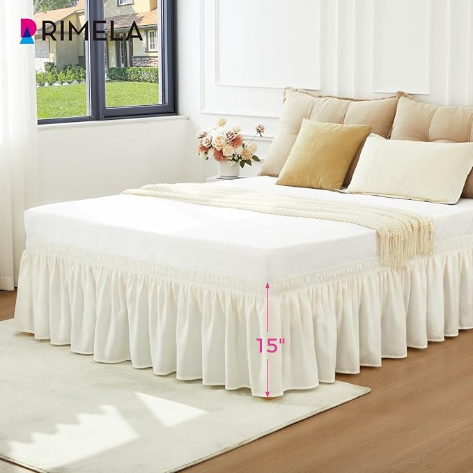 RIMELA Cream King Size Bed Skirt 15 Inch Drop, Elastic Bed Skirts Cal King Dust Ruffle, Bedskirt for Adjustable Bed Base Solid Fade Resistant Silky Fabric Machine Washable Easy to Install