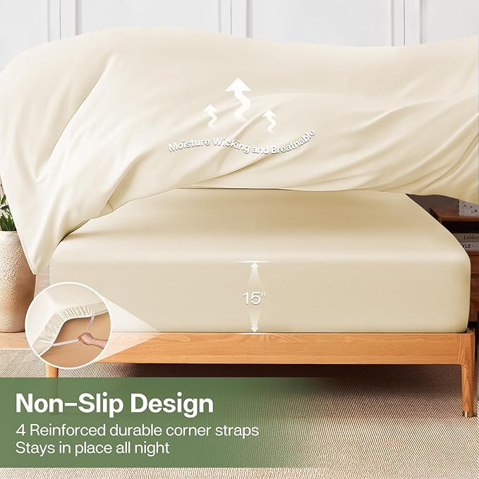 MR&HM Full Fitted Sheet Only, Ultra-Soft Rayon Derived from Bamboo & Polyester Blend, Silky & Breathable, 15" Deep Pocket with Elastic Straps, Cooling Fitted Sheet for Hot Sleepers, Cream