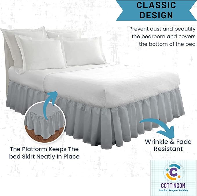 Ruffled Bed Skirt with Split Corners-Dust Ruffle - 21" Drop 100% Microfiber Soft,Sheen & Luxurious Look - Bed Skirts (Light Grey -King)