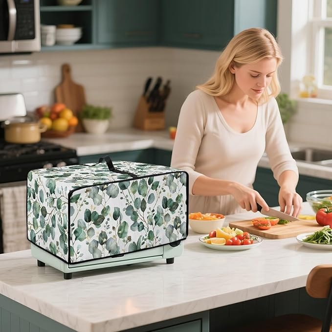 Toaster Oven Cover with Side Pockets, Dustproof Smart Microwave Convection Oven Cover with Handle, for Kitchen Decor, M, 16.5 x 20.5 x 10 Inches, Eucalyptus Leaves Green White