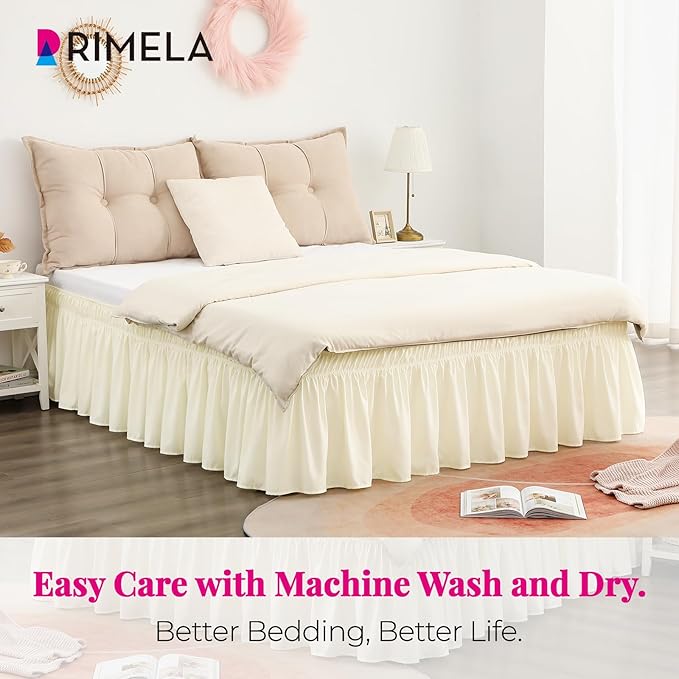 RIMELA Butter Yellow Bed Skirt Twin Size 15 Inch Drop, Elastic Bed Skirting for Bed Base and Frame, Bedding Dust Ruffle Easy to Install, Lightweight Comforter Set with Wrap Around Adjustable Bedskirt