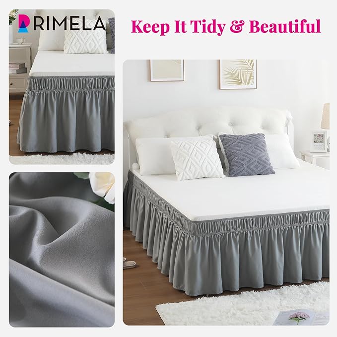 RIMELA Light Grey Bed Skirt Queen Size 16 Inch Drop, Elastic Bed Skirting for Bed Base and Frame, Bedding Dust Ruffle Easy to Install, Lightweight Comforter Set with Wrap Around Adjustable Bedskirt