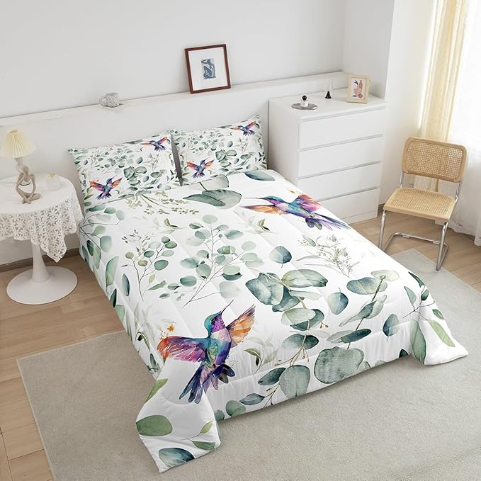 Erosebridal Cartoon Hummingbird Bedding Twin Toddler Wildlife Bird Comforter Set Twin, Plant Duvet Insert Eucalyptus Leaf Quilt Comforter, Jungle Animal Theme Bedding Comforters & Sets Kids Room Decor