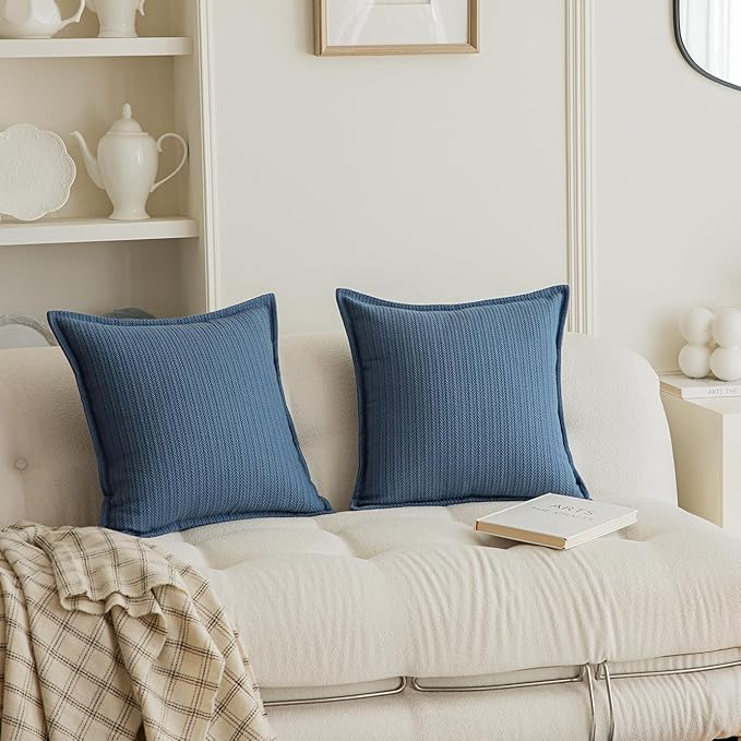 Set of 2 Herringbone Embossed Stripe Flange Throw Pillow Covers for Couch and Bed - 18"x18", Steel Blue