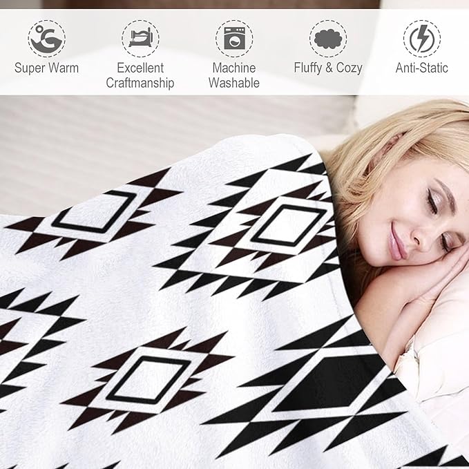 Boho Throw Blanket, Black and White Native Blankets, Vintage Tribal Aztec Printed Flannel Blanket for Chair Bed Sofa Couch 30"x40"