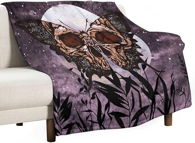 Death Moth Blanket, Boho Gothic Skull Moth Purple Starry Plant Full Moon Mysterious Witchy Throw Blanket for Couch Sofa Office Bed Travelling Bed Throws, 60"x80"