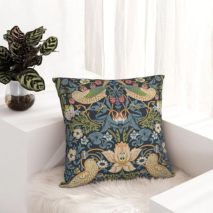 William Morris Vintage Floral Bird Strawberry Thief 16x16 inches Pillow Cover, Outdoor Farmhouse Pillow Cover Home Decor for Couch Sofa