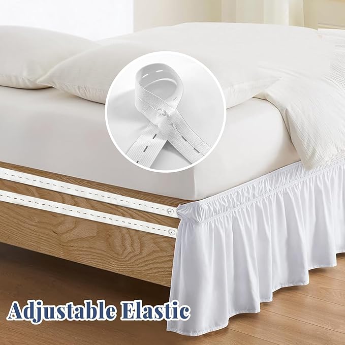Full Bed Skirt, Elastic Wrap Around Bed Skirt Full Size, Bed Skirts for Adjustable Bed, Easy Fit with 14" Drop Length Tailored Drop Dust Ruffle (White)
