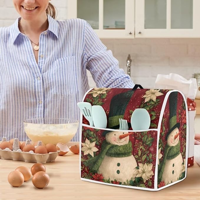 Christmas Mixer Cover Compatible for 4.5-5 Quart Kitchen Mixer Snowman Kitchen Appliance Dust Cover with Top Handle and Accessories Pocket Christmas Decoration