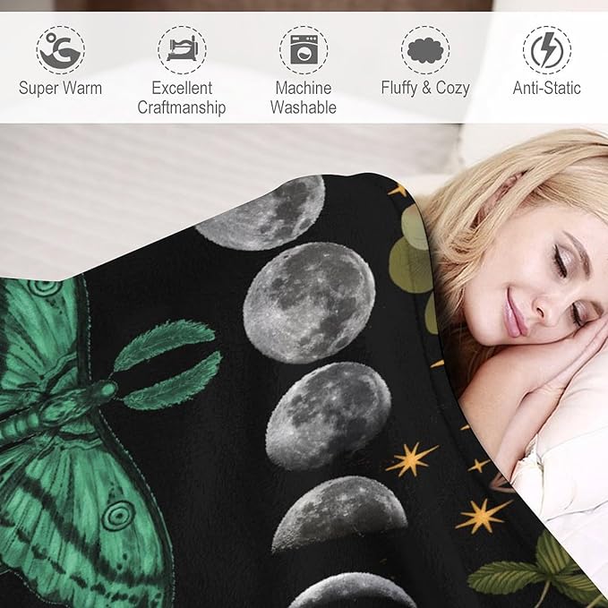 Moon Phase Moth Blanket, Vintage Botanical Mushroom Wildflower Gothic Night Moonlit Mysterious Witchy Throws Blanket for Sofa Bed Couch Chair, 50"x60"