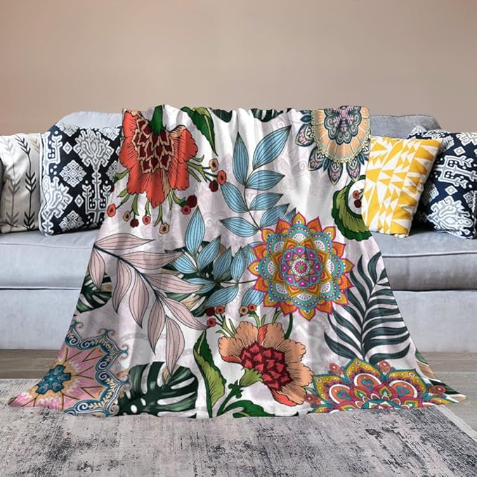 Boho Flowers Blanket for Women Girls, Rustic Bohemian Mandala Palm Leaves Plants Botanical Print Blanket for Bedroom Living Room Couch Sofa, 40"x50"