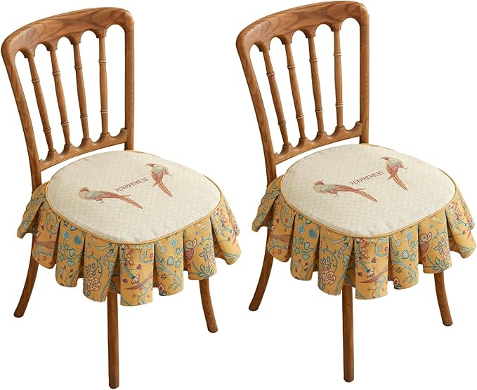 patdrea Pack of 2 Chair Cushions for Dining Chairs with Ruffled, Yellow Birds Seat Cushion with Ties,Removable,Non Slip Chair Pads Decor for Bar Stool Cushions, Indoor Kitchen Chairs, 17.7"x17.7"