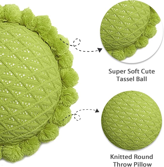 Acrylic Knitted Round Throw Pillow Knitting Bohemian Circular Cushion Pillow with Knit Handmade Pompoms Decorative Apple Green, Diameter 18inches