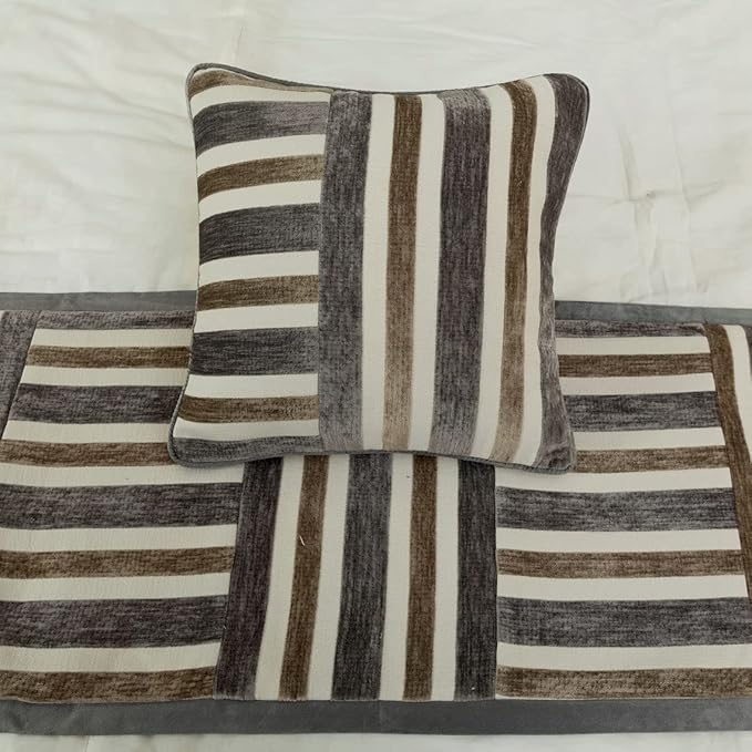 The HomeCentric King/Queen/Twin Beige & Grey Decorative Full 68"x18" Bed Runner Without Pillow Cover, Patchwork Bed Scarf on Velvet Fabric - Striation