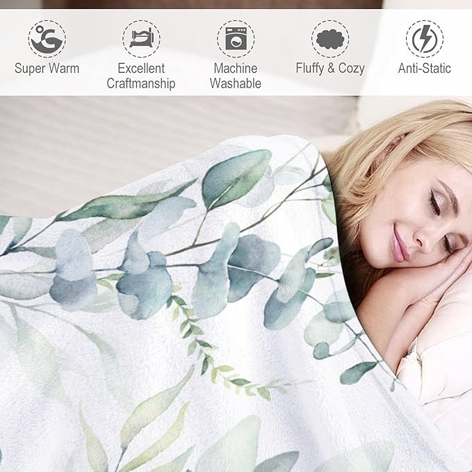 Eucalyptus Leaf Throw Blanket, Watercolor Floral Spring Botanical Green Plants Herb Print Cozy Plush Blanket for Bedroom Living Rooms Sofa Couch, 60"x80"