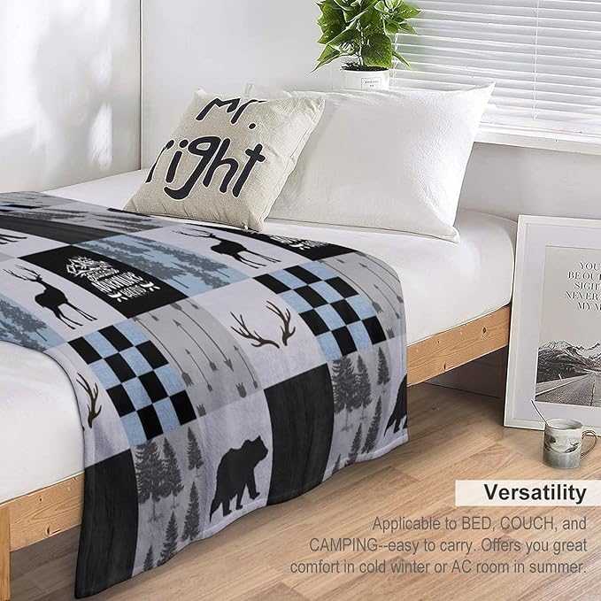 Bear Cabin Plaid Blanket, Rustic Retro Bear Deer Patchwork Gray Blue Farmhouse Throw Blanket for Couch Bed Living Room, 30"x40"