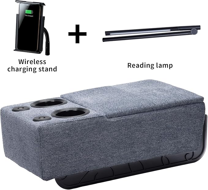 Removable Sofa Armrest, Dual Cup Holders Large Size Multifunctional Couch Caddy Storage Arm Rest with Power Wireless Charging Stand & LED Reading Light for Sofa Middle Seat Adjustable