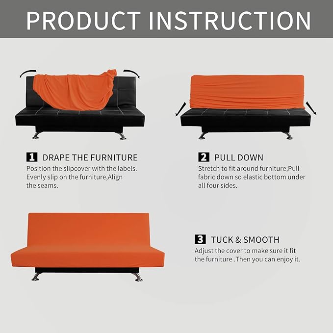 Easy-Going Stretch Futon Slipcover Armless Futon Bed Cover Furniture Protector Without Armrests with Elastic Bottom for Kids, Soft Jacquard Fabric Small Checks (Large, Orange)