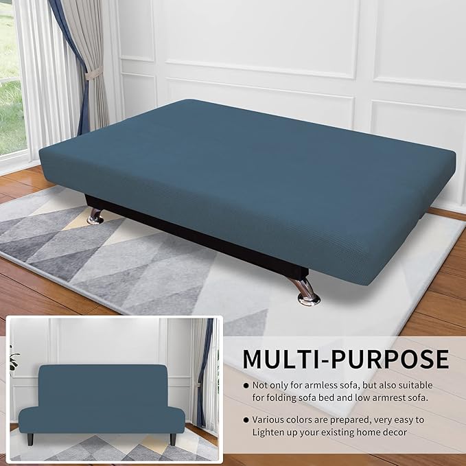Easy-Going Stretch Futon Slipcover Armless Futon Bed Cover Furniture Protector Without Armrests with Elastic Bottom for Kids, Soft Jacquard Fabric Small Checks (Large, Bluestone)