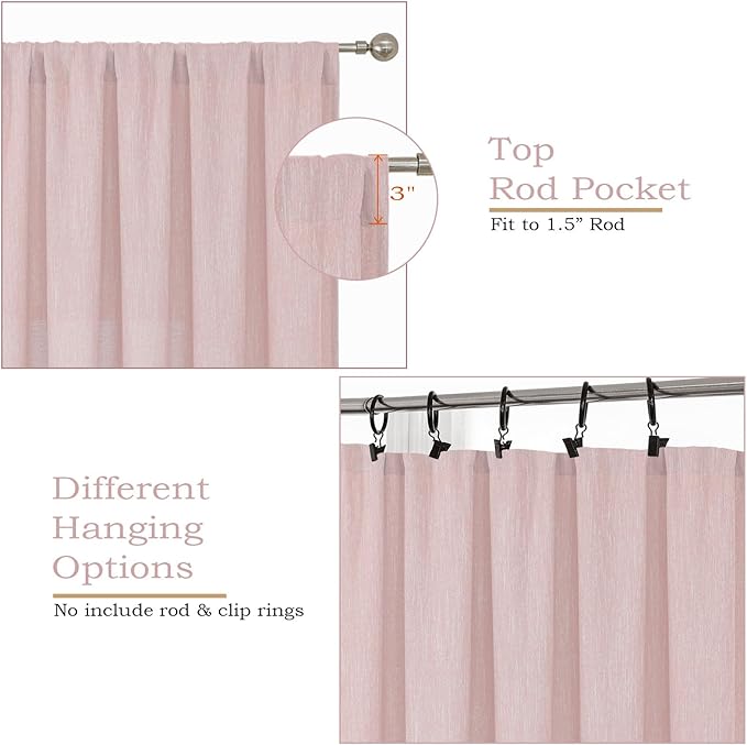 Simplebrand Blush Faux Linen Textured Curtains 63 Inch Length 2 Panels for Bedroom, Semi Sheer Light Filtering Privacy Farmhouse Curtains, Soft Thick Rod Pocket Window Drapes, 40W x 63L Inch
