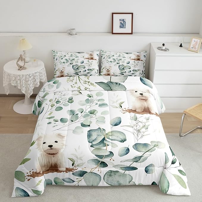 Erosebridal Cute Dog Bedding Queen Size for Kids Child Green Eucalyptus Comforter Set Queen, Pet Animal Duvet Insert Botanical Plant Leaves Quilt Set, Cartoon Pug Puppy Bedding Comforters & Sets