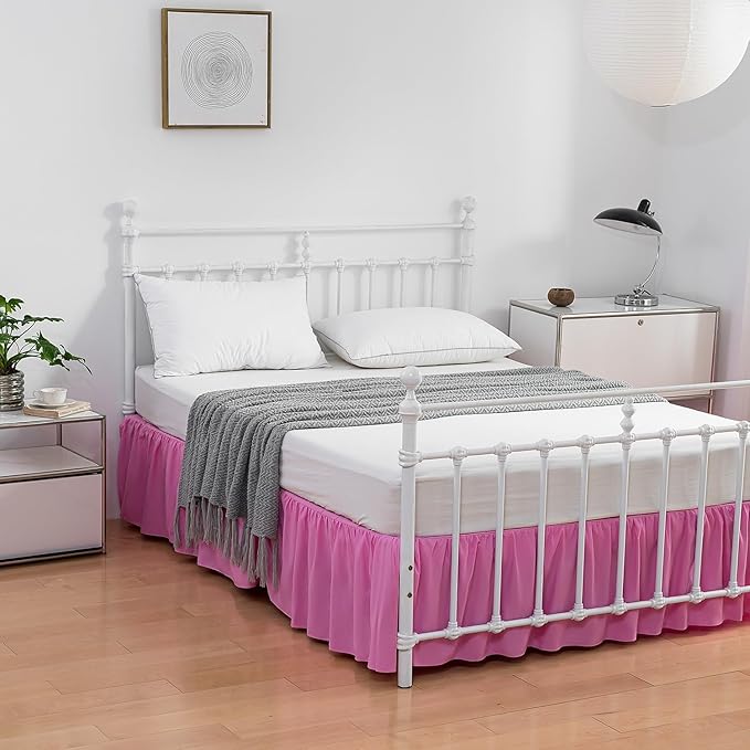 Bed Skirt Twin Size Ruffled Bed Skirt with Split Corners, 14 Inch Drop Dust Ruffle Bed Skirt with Platform, Twin,14 Inch Drop, Pink